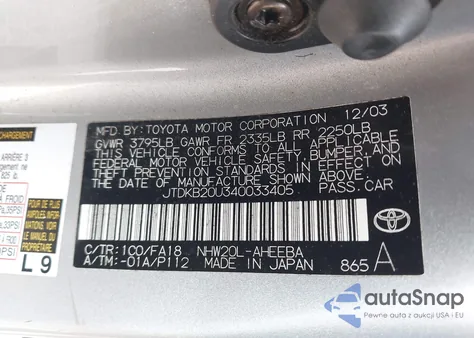 2004 Toyota Prius z USA, uszkodzony, nr VIN JTDKB20U340033405